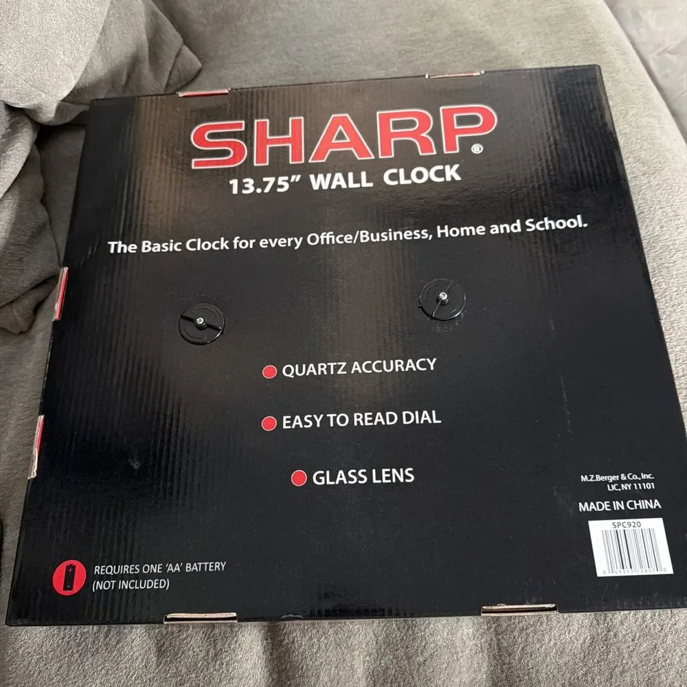 SHARP Wall Clock – Black, Silent Non Ticking 13.75 Inch Quartz Battery- NIB